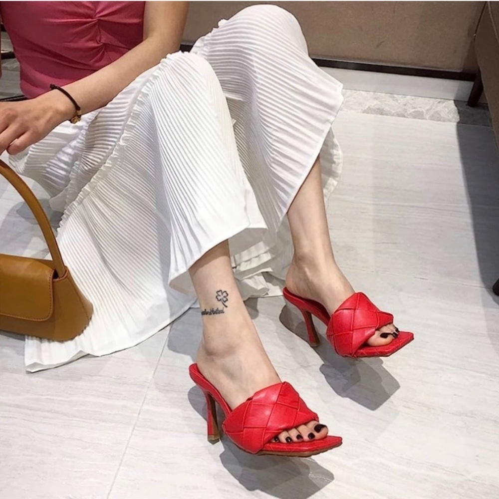 Women Square Open Toe Woven Sandals Stiletto Slip On Heel Shoes Size 8.5 NWT - Picture 2 of 7
